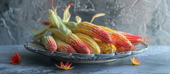 Aufkleber - Fresh baby corn with red silk still in the husk presented on a sieve plate on a gray table background creating a copy space image