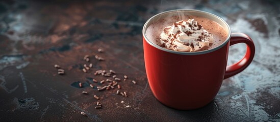 Poster - Mug with tasty hot chocolate on a dark table with copy space image