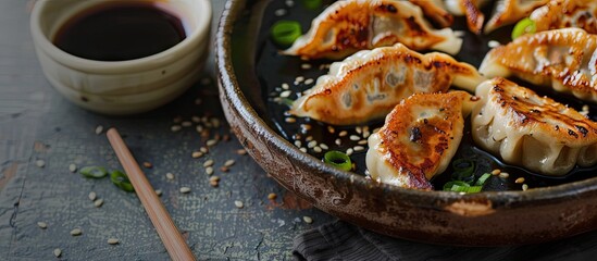 Poster - Selective focus on gyoza or dumplings with soy sauce in a copy space image