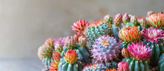 Poster - Colorful Gymnocalycium cactus in a nursery s copy space image