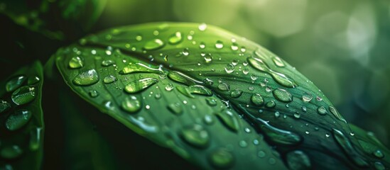 Sticker - A stunning macro image capturing water droplets on a leaf post rainfall with extra space for text or other elements. Creative banner. Copyspace image