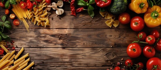 Aufkleber - Top view of various pasta types with vegetables on a rustic wooden surface providing free copy space image
