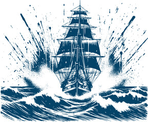 Wall Mural - Image of a ship with sails on a stormy sea background vector monochrome art illustration