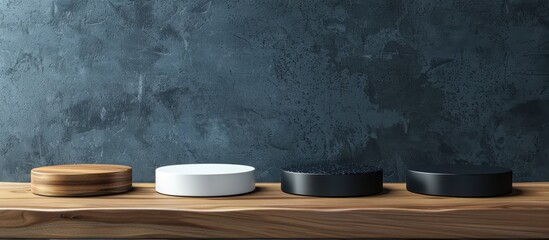 Leinwandbilder - Variety of podiums displayed on a wooden table for product photography with copy space image