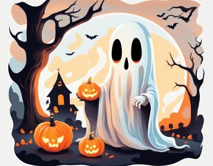 Wall Mural - illustration of a white ghost with big eyes and a Halloween pumpkin