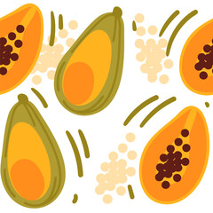 Wall Mural - Seamless pattern Set of two papayas, one halved and second whole. Papaya tropical fruit with seeds. Vector illustration on white background