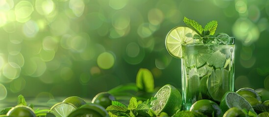 Aufkleber - Fresh Mojito cocktail with limes and mint served in a glass on a green background perfect for a copy space image