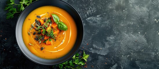 Aufkleber - Cream topped roasted pumpkin and carrot soup garnished with seeds and fresh greens in a copy space image