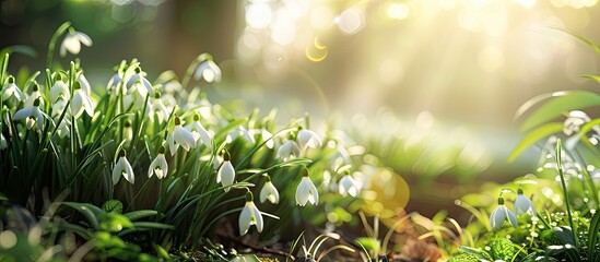 Poster - Springtime Easter background featuring white fresh snowdrops Galanthus blooming on a lush green meadow in a sunny garden ideal for a copy space image