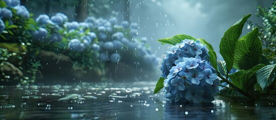 Fototapete - Japanese hydrangea flowers blooming during the rainy season in a serene setting creating a picturesque scene with copy space image