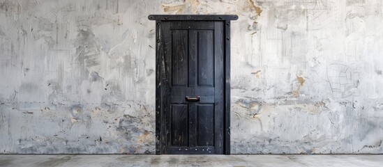 Sticker - Rustic black wooden door set in a white wall inside a hotel room offering copy space image