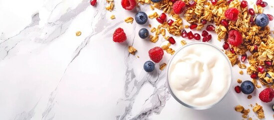 Sticker - Delicious granola with fruits and yogurt on a white marble surface Banner layout with room for text alongside a vibrant copy space image