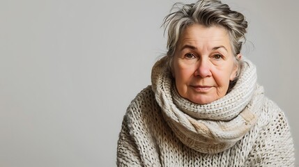 Poster - A mature woman with gray hair wearing a cozy sweater and scarf, gazing thoughtfully at the camera.