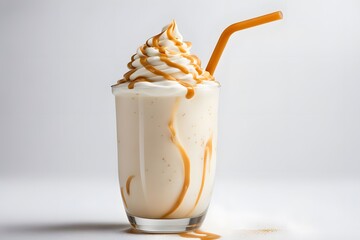 Wall Mural - A creamy vanilla milkshake with a swirl of caramel and a straw on a white background, Ai Generated