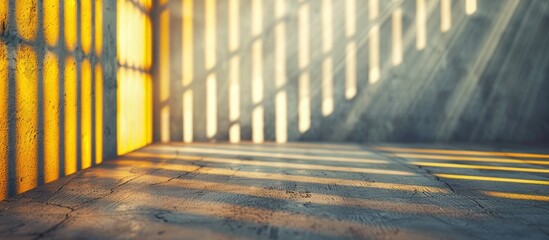 Abstract background with blurred lights and shadows cascading from the blinds onto a concrete wall in a sunny room Interior design display in yellow gray and white hues with copy space image