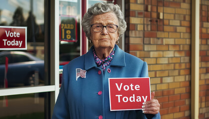 Sticker - A woman in a red coat holding a sign that says 