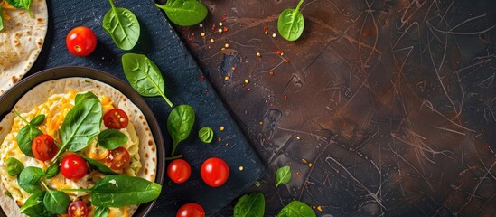 Sticker - Top view of a delicious Mexican inspired breakfast featuring pita bread cheese tomatoes and spinach on a lavash with copy space image