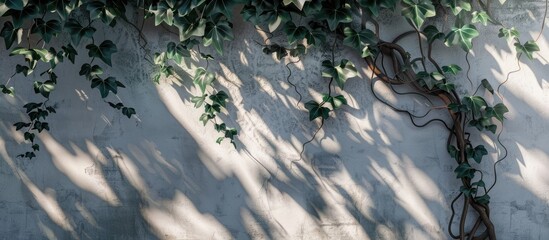 Poster - Cissus nodosa Blume tree roots with lush green leaves creep along house walls casting aesthetic shadows in the morning sunlight creating a visually pleasing copy space image