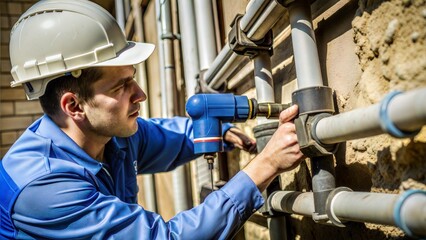 Sticker -  horizontal snapshot of young plumber working