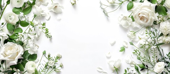 Poster - White roses greenery and blossoms form an elegant floral border frame on a white background in this nature themed design perfect for event mockups with copy space image