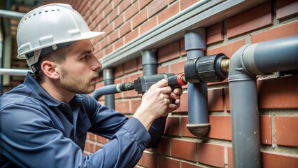 Poster -  horizontal snapshot of young plumber working