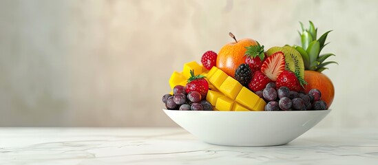 Canvas Print - table set with a fresh fruit salad menu displayed on a white surface with copy space image
