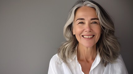 Sticker - A smiling woman with gray hair wearing a white shirt against a neutral background.