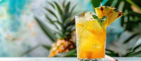Poster - Tropical Brazilian mocktail featuring pineapple green apple and orange soda in a transparent glass set on a white table in a vintage music room with copy space image