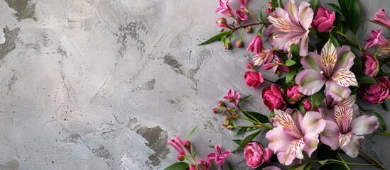 Poster - A stunning floral arrangement featuring alstroemeria and peonies on a concrete backdrop The vivid petals and lush leaves form an elegant display with copy space in a top view banner