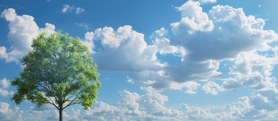 Sunny day with a tree against a backdrop of blue sky and fluffy white clouds suitable as a copy space image