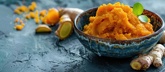 Canvas Print - Adrak paste in a bowl with fresh ginger on moody background with selective focus copy space image