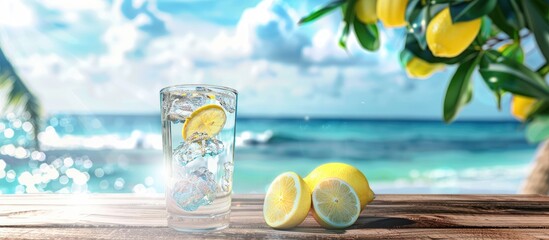 Sticker - Wooden table with a glass of cold mineral water fresh lemons set against a blurred tropical beach and sky in the background providing copy space for food or beverage items