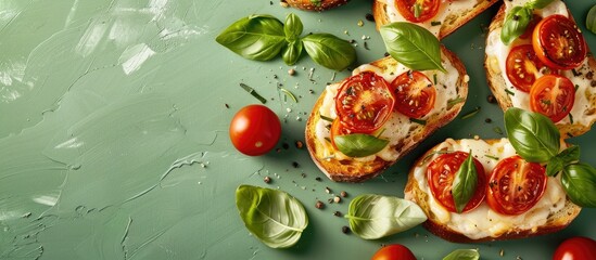 Poster - Top down view of cheesy toast with tomatoes and basil on a green backdrop with room for text in the image. Creative banner. Copyspace image