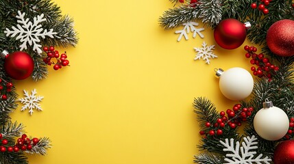 Merry Christmas and Happy Holidays greeting card, frame, banner. New Year. Noel. White Christmas white and red ornaments on yellow background top view. Winter holiday xmas theme. generative ai