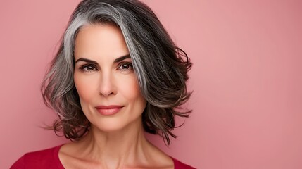 Wall Mural - A confident woman with gray hair poses against a pink background, exuding elegance and poise.