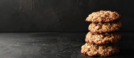 Poster - Homemade oatmeal cookies on a black backdrop with space for text or images. Creative banner. Copyspace image