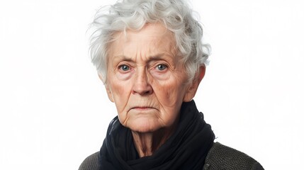 Poster - Portrait of an elderly woman with curly white hair, expressing a serious demeanor against a plain background.