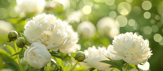 Fototapete - Blooming white peonies close up in a spring garden with a green natural background creating a beautiful bokeh effect for a copy space image