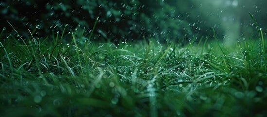Aufkleber - After a rainy day rainwater can be seen on the grass leaves in the copy space image