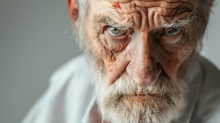 Poster - A close-up portrait of an elderly man with intense eyes and a weathered face, conveying deep emotions.