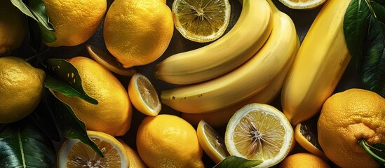 Aufkleber - Tropical fruits such as lemons and bananas presenting a vibrant mix of citrus and sweet flavors displayed in a copy space image