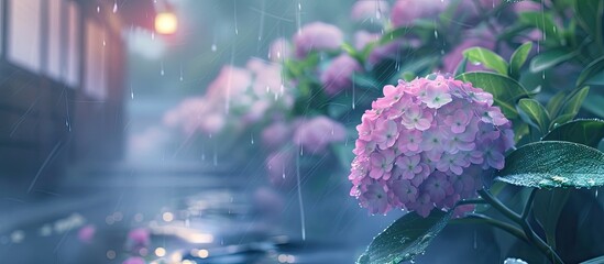 Fototapete - Japanese hydrangea flowers blooming during the rainy season in a serene setting creating a picturesque scene with copy space image