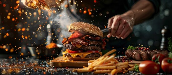 Poster - Photograph showcasing a table with a meat centric menu including steak burger fries and a double cheeseburger Chef elegantly slicing meat on a cutting board Pan frying meat displayed in a copy space