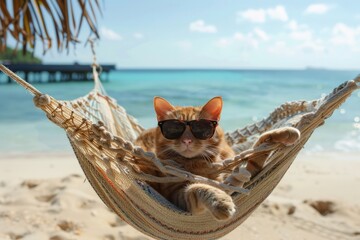 Cute cat in sunglasses lies relaxed in a hammock on the beach against the background of the ocean sea on a sunny day, summer holiday concept, travel advertising
