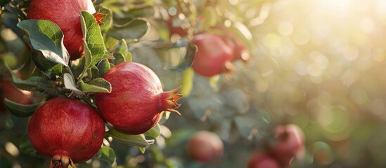 Canvas Print - Detailed close up of ripe red pomegranates on a tree branch at a Mediterranean farm offering a copy space image in the background