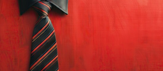 Wall Mural - Top down view of a striped necktie against a red backdrop with ample copy space image available