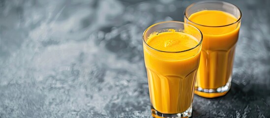 Two glasses of golden milk a traditional Ayurvedic drink with turmeric displayed on a stone gray background with copy space image