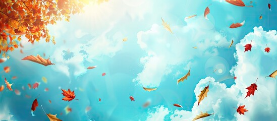 Leinwandbilder - Nature background with autumn leaves set against a blue sky offering copy space image