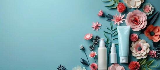 Sticker - Facial beauty products displayed with decorative paper flowers on a blue backdrop perfect for design with copy space image