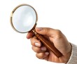 © CozyNessAI - Closeup view of hand holding magnifying glass isolated on white background.